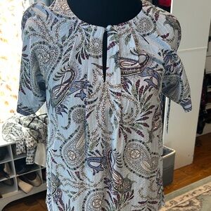 LOFT Light Blue Paisley Short-Sleeve Keyhole Blouse
